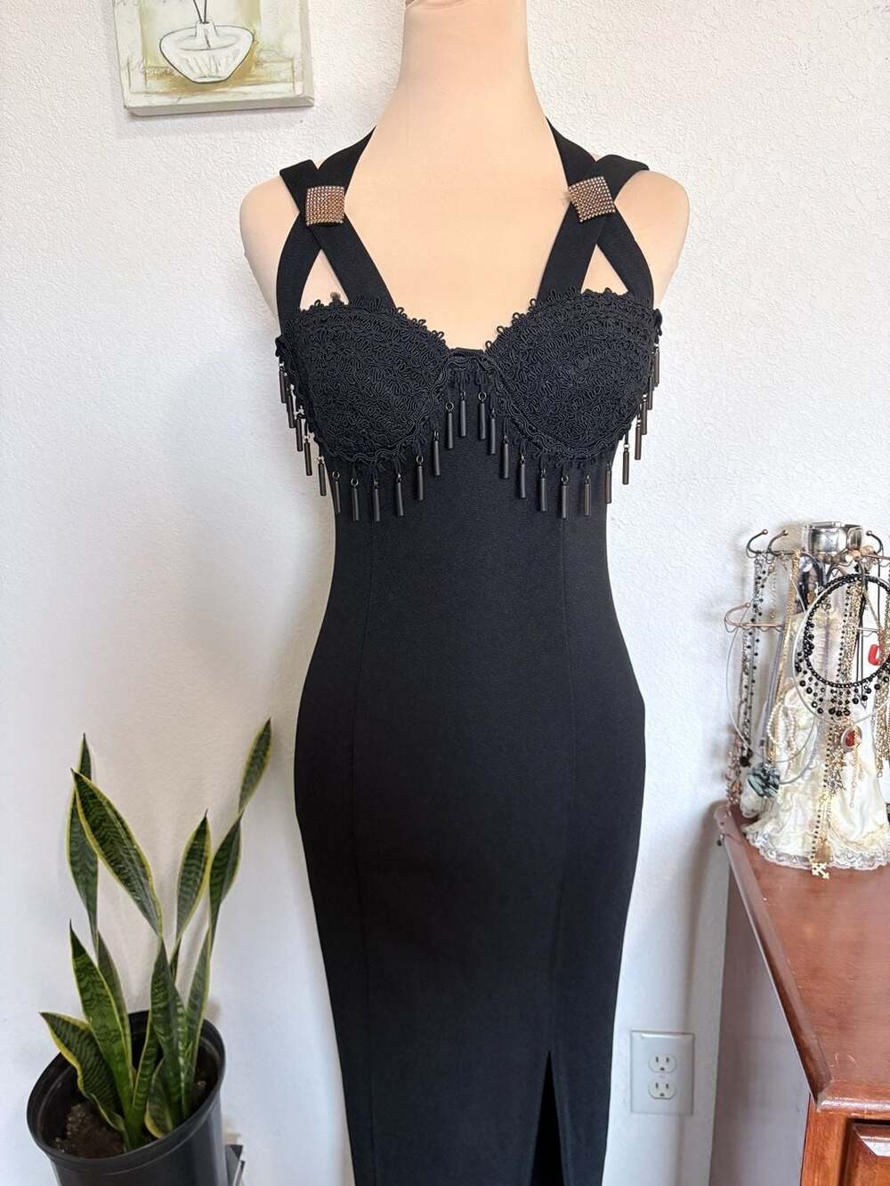 Dollar Beaded Bandage Dress Size S Black Midi Slit Halter